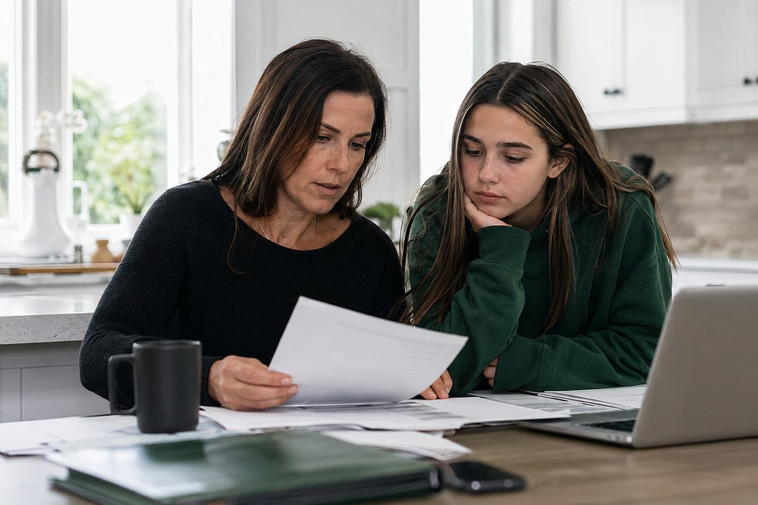 Editorial visual about parents comparing college affordability, aid, and debt risk.
