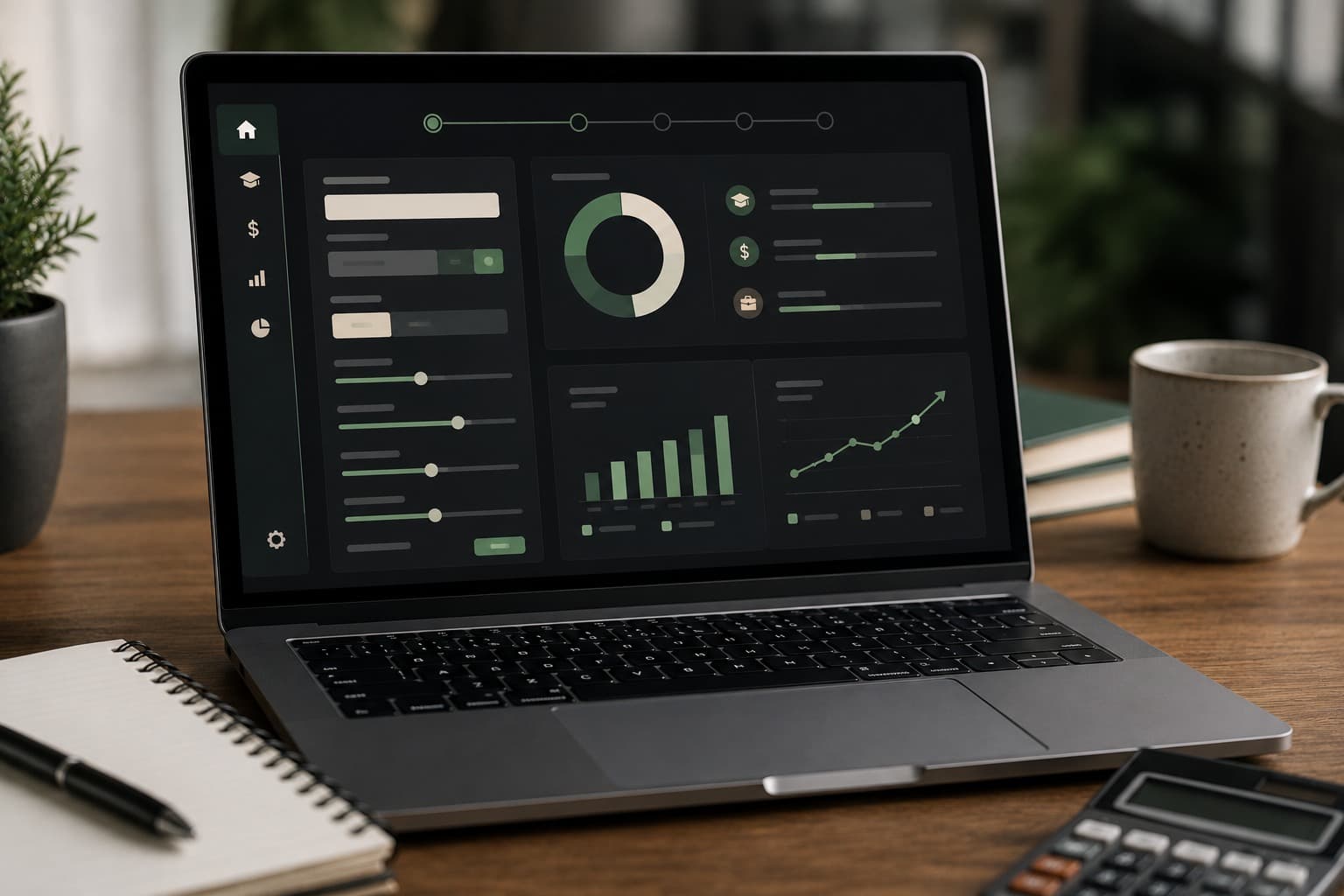 Financial planning desk with calculator, laptop, and college cost notes.