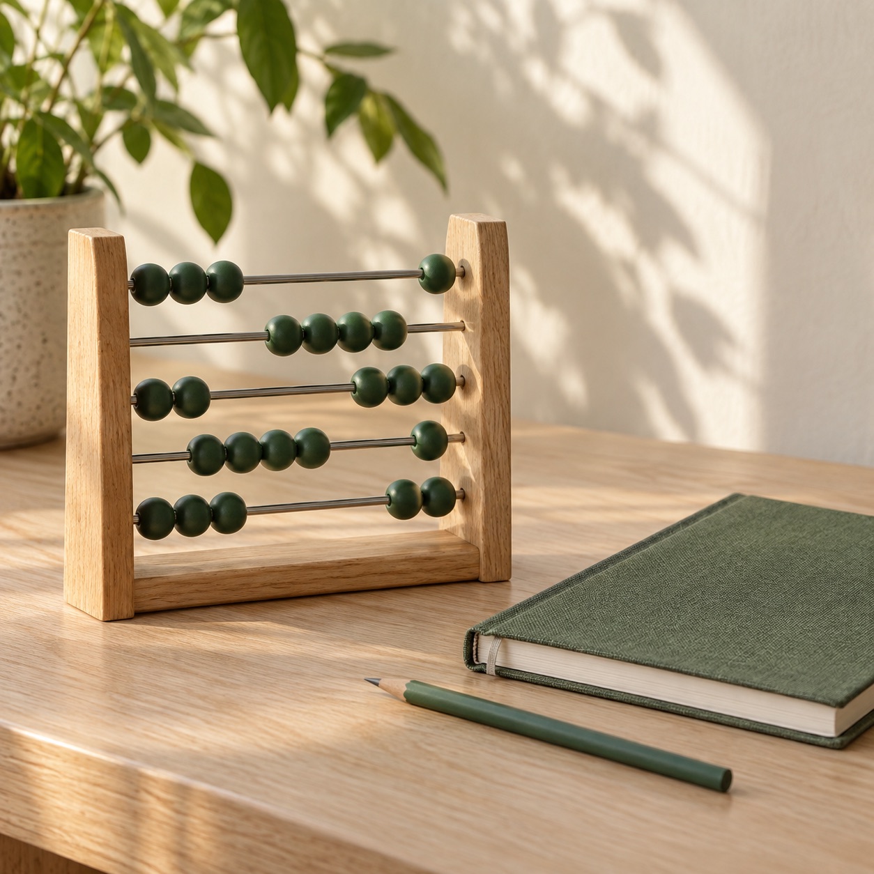 A green-beaded counting frame beside a notebook.