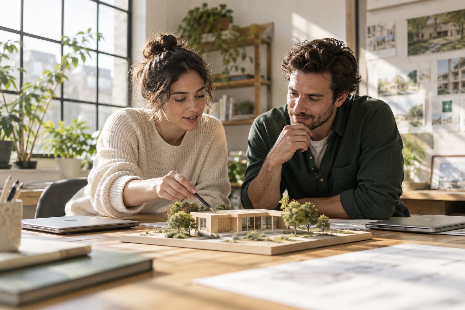 Two young professionals discussing an architectural model.